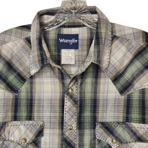 Vintage Men's Wrangler Pearl Snap Western L/S Shirt L/XL Green Blue Plaid Cowboy